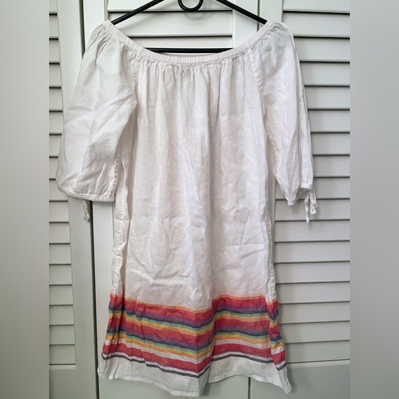 J Crew dress linen blend white rainbow stripe mini dress off shoulder. - Picture 2 of 7